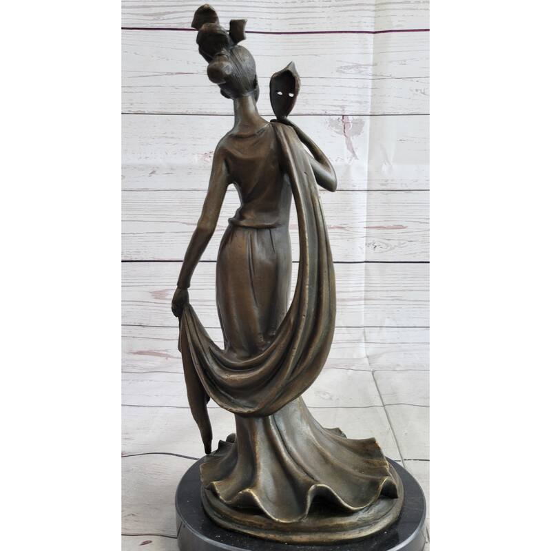 Masquerade Ball Art Deco Bronze Statue Sculpture Figure Holding Mask 14 Inches X 7 Inches