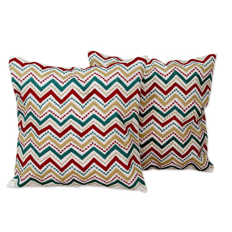 Novica Handmade Festive Zigzag Embroidered Cushion Covers (Pair)