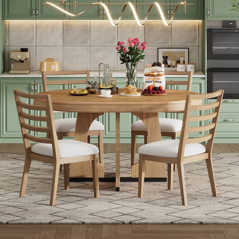 5-Piece Retro Dining Table Set, Extendable Round Table with Removable Leaf