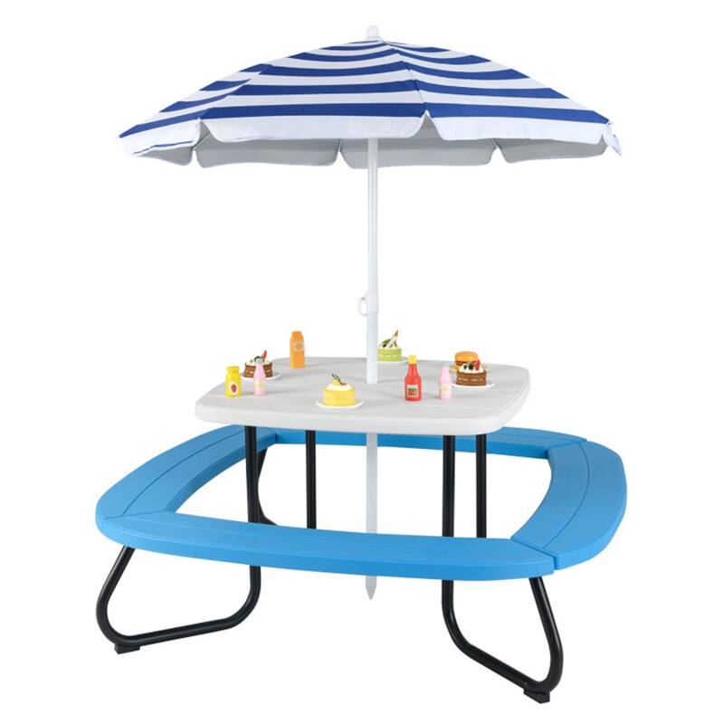 Kids Outdoor Picnic Table with Adjustable Umbrella and Benches Metal Frame and Weather-Resistant Surface - 49" × 49" × 39"-63"