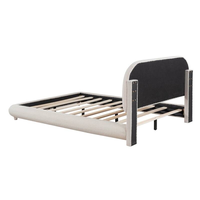 Full/Queen Size Teddy Fleece Upholstered Bed with Thick Fabric, Platform Bed Frame with Headboard & Stylish Curve-shaped Design