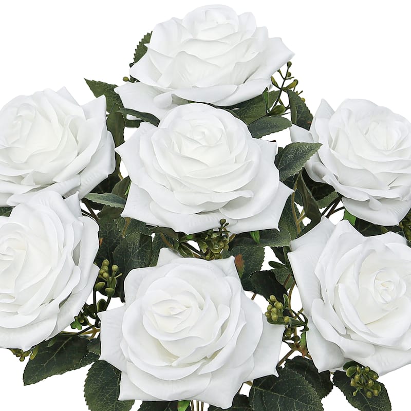 Set of 2 White Artificial Queen Tea Rose Flower Stem Bush Bouquet 17in - 17" L x 9" W x 9" DP