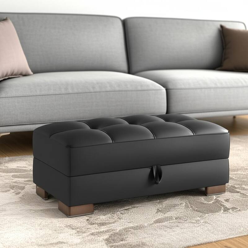 HomeRoots 52" Black and Brown Faux Leather Storage Ottoman - Black - 52.00 in. x 18.50 in.  x 21.00 in.