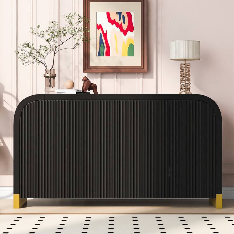 4-door Curved Corner Design Wavy Door Panel Cabinet with Adjustable Shelves, Suitable for Study, Living Room - Black