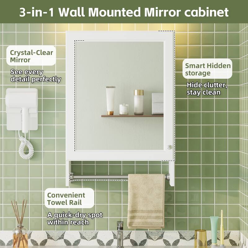 3-in-1 Mirror Cabinet,20"Wall Mounted Medicine Cabinet with Adjustable Shelf & Soft Close Door,High-Define Mirror with Storage
