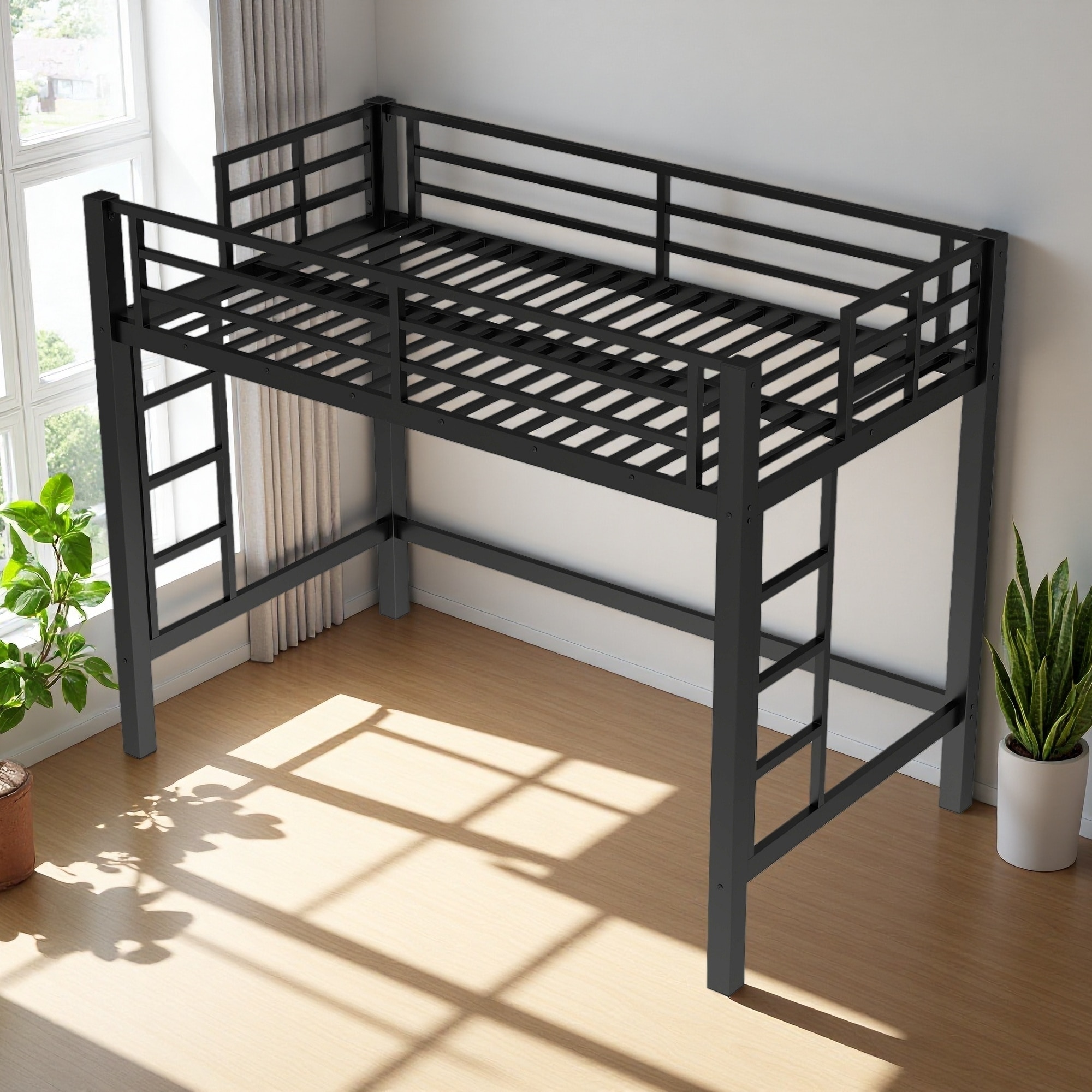 Twin Metal Loft Bed with Dual Side Ladders & Guardrails