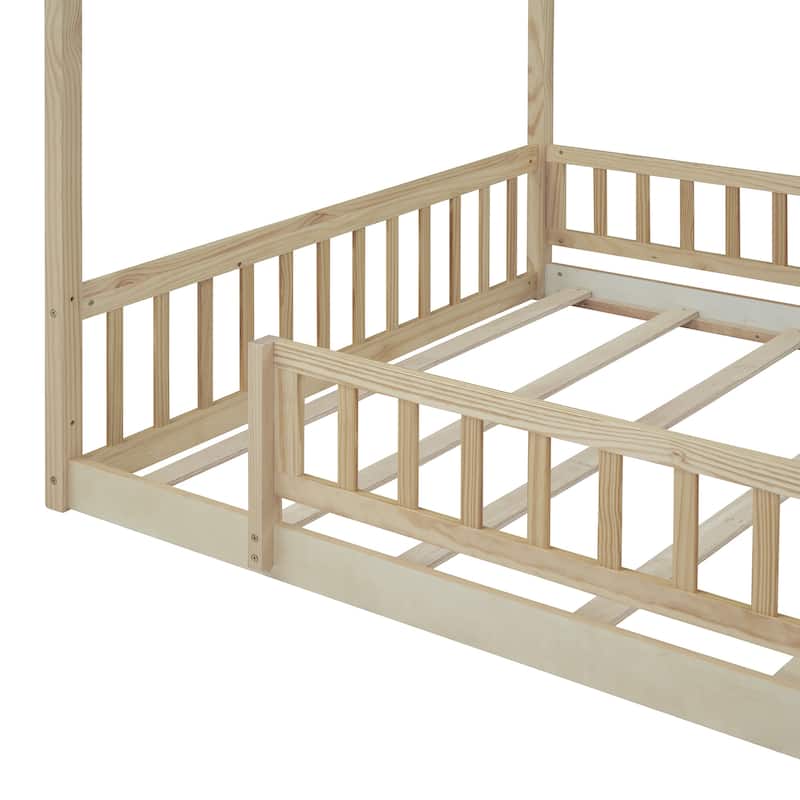 Wood Bed House Bed Frame with Fence for Kids