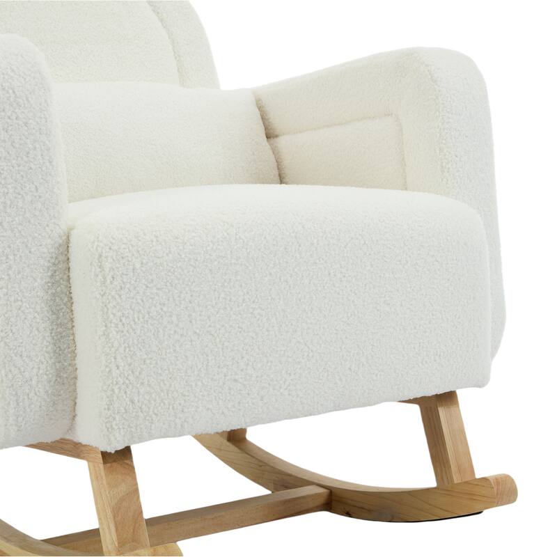 Wooden Base Nursery Rocking Chair, Cream White Accent Chair Lounge Chair with Curved Back & Pillow