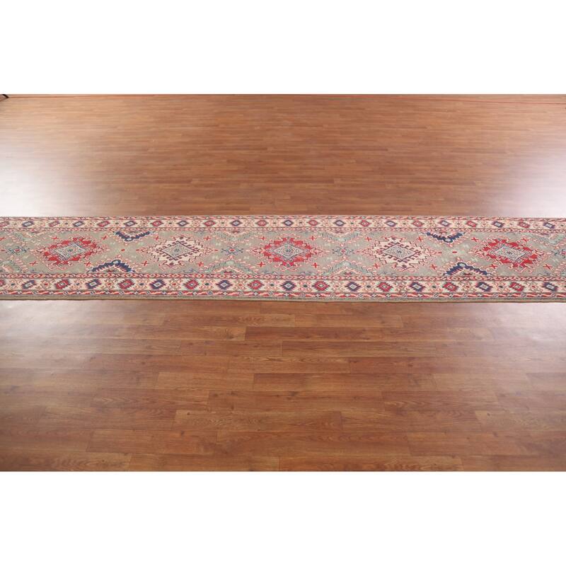 Hand Knotted Oriental 100% Wool Carpet Traditional Geometric Brown Kazak Runner Rug - 15' 11'' X 2' 8''