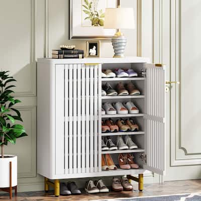 24 Pairs Wooden Shoe Storage Cabinet with 2-Door and Adjustable Shelving for Entryway