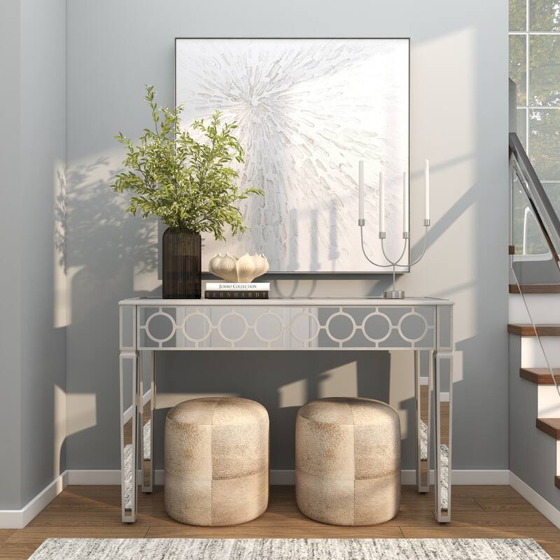 Silver Glass Mirrored Geometric Console Table with Circular Panel Inlay