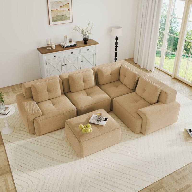 116.1" Corduroy Sectional Sofa with Movable Ottoman - Camel