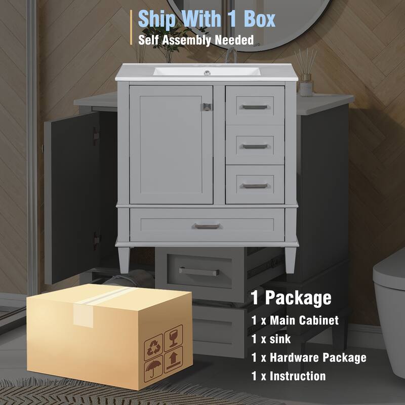 Single Sink Bathroom Vanity Cabinet, Vanity Base & Ceramic Sink Combo Set, 3 Drawers Bathroom Storage Cabinet, 30 Inch