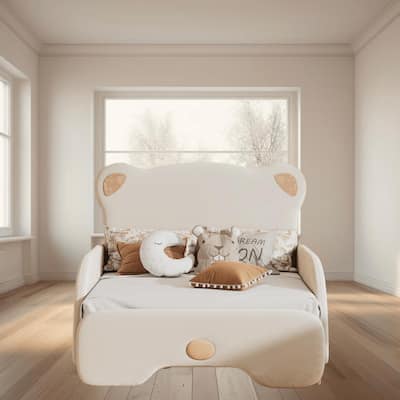 Twin XL Size Upholstered Sofa Platform Bed with Adjustable Design and Cute Bear Headboard, No Box Spring Required for Bedroom