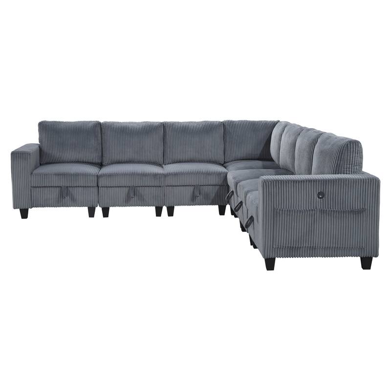 7-Piece Modular Sectional Couch with Storage, Pockets, Ports in Dark Gray Corduroy, Solid Wood