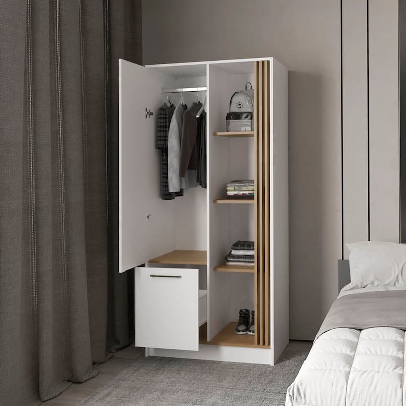 Pekin Modern Wardrobe Organizer with Shelves and Rod, Natural Oak