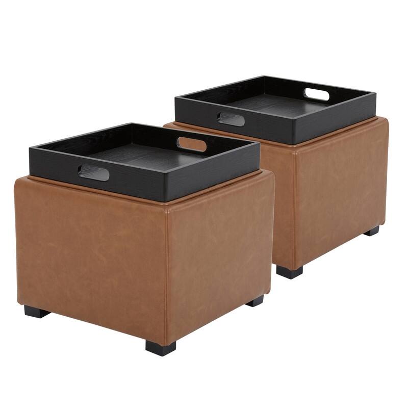 Spruce & Spring Ethan Storage Stool Ottoman - Set of 2 - Saddle Brown-Faux Leather