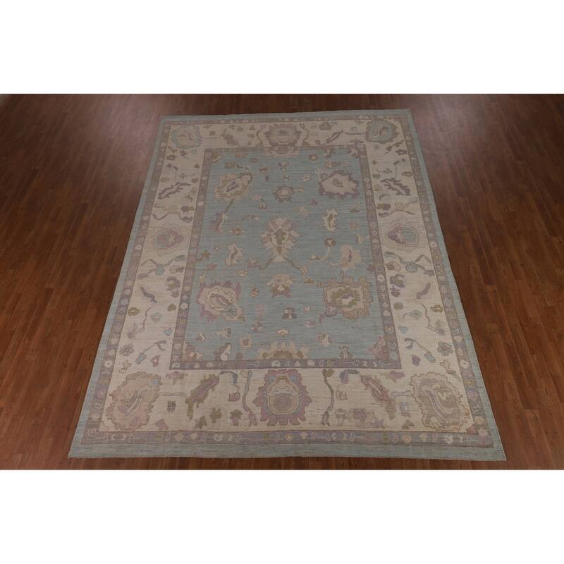 Light Blue Oushak Area Rug Hand-Knotted Vegetable Dye Wool Carpet - 9'1"x 12'2"
