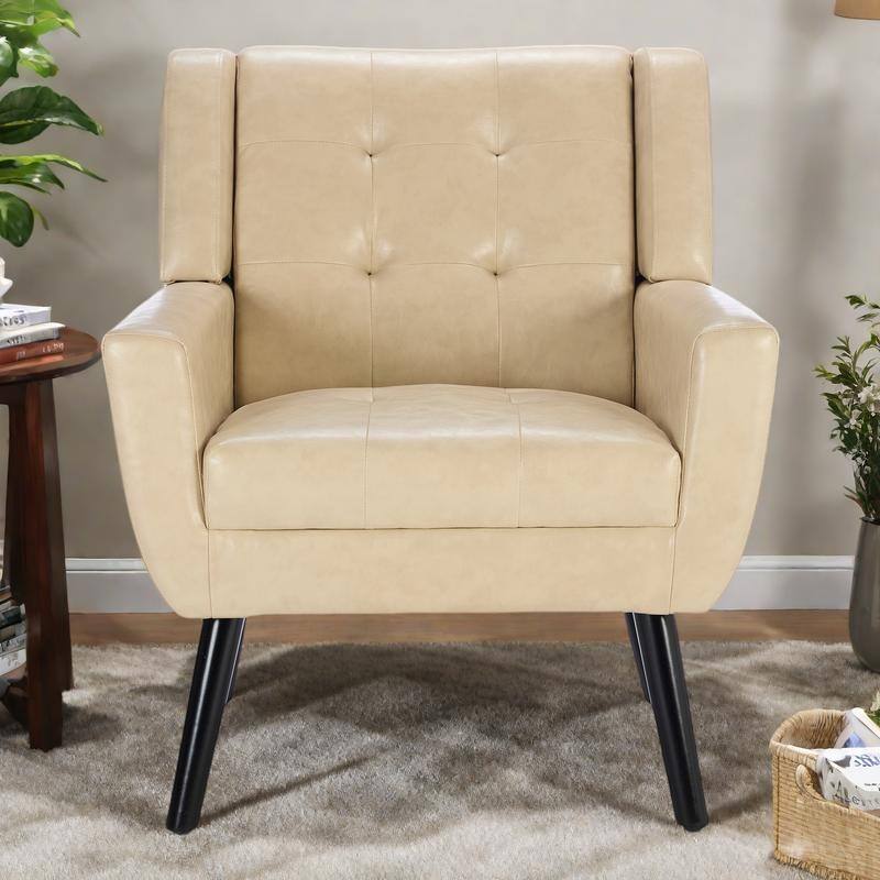 PU Ergonomic Accent Chair with Curved Back and Black Wood Legs, 250lb Capacity - khaki