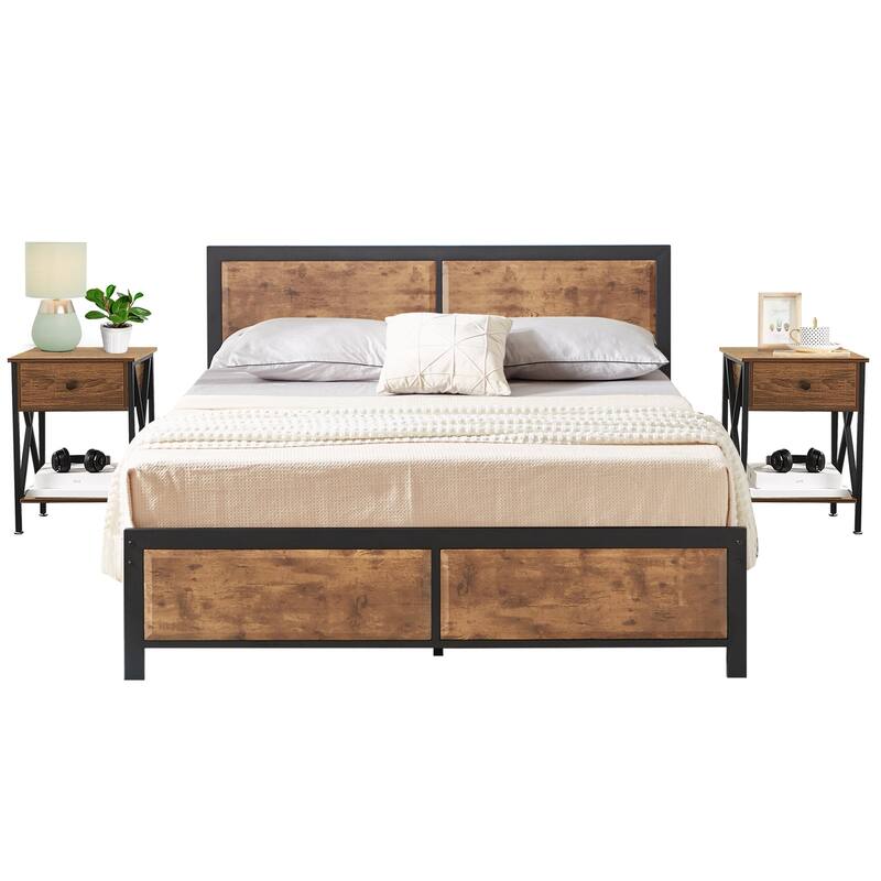 VECELO 3-Pieces Bedroom Sets, Platform Bed with Headboard and Set of 2 Nightstands