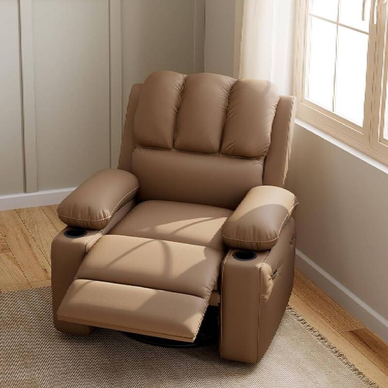 Oversized Manual PU Leather Recliner Sofa Chair with Cup Holders - Tan