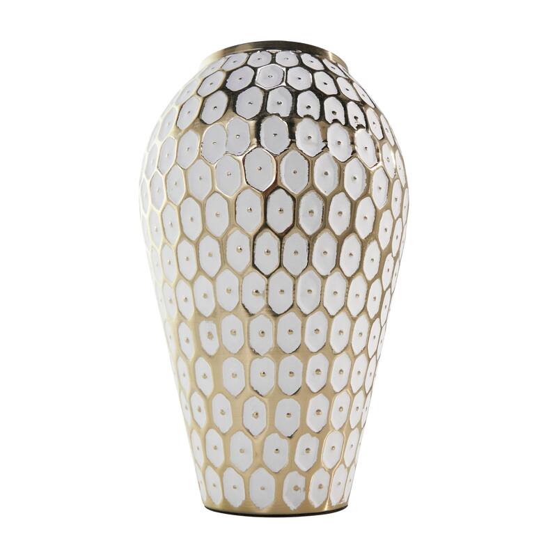 Gold Metal Geometric Dot Geometric Decorative Vase with White Accents