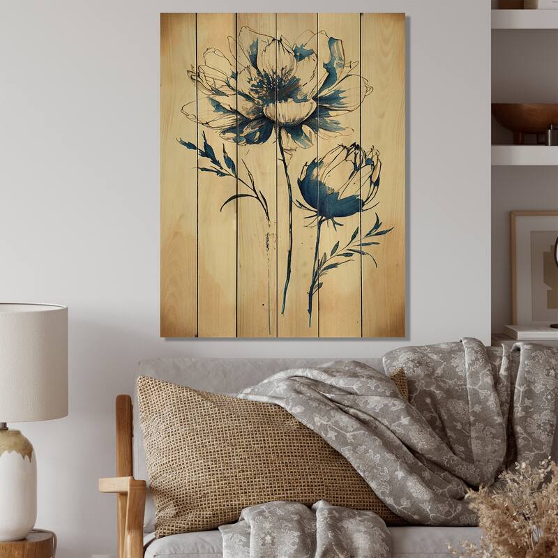 Designart 'Blue Vintage Flower Blooming VIII' Floral Wood Wall Art - Natural Pine Wood - 30 In. Wide x 40 In. High