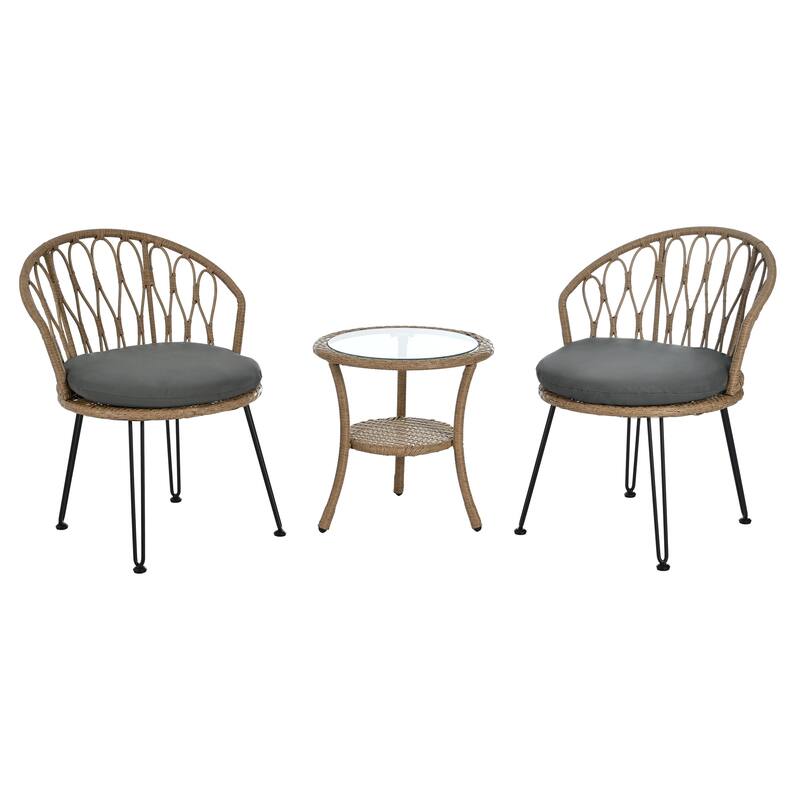 Outdoor Leisure Set,2 Rattan Chairs and Glass Table,Perfect for Patios,Balconies and Courtyards - Beige+Grey