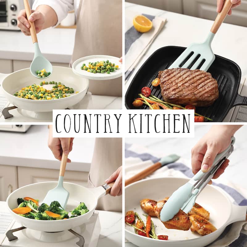 Country Kitchen Non Stick Silicone Utensil Set with Rounded Wood Handles for Cooking and Baking, 38 Piece Set