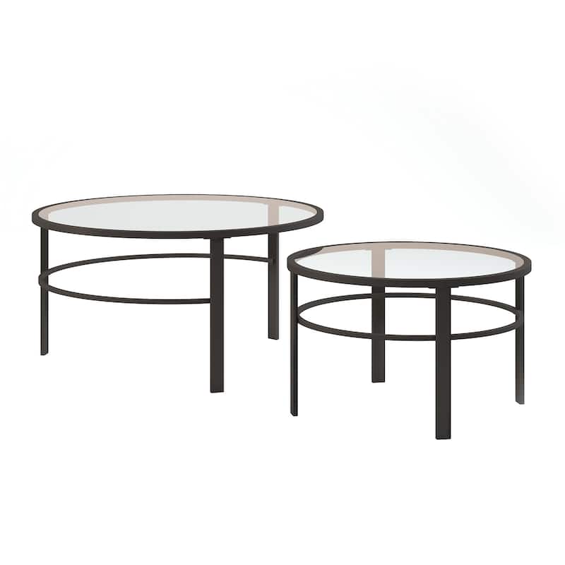 2 Piece Round Glass Nesting Coffee Table Set Clear Top and Black Steel Base for Living Room - 36"L x 36"W x 18"H