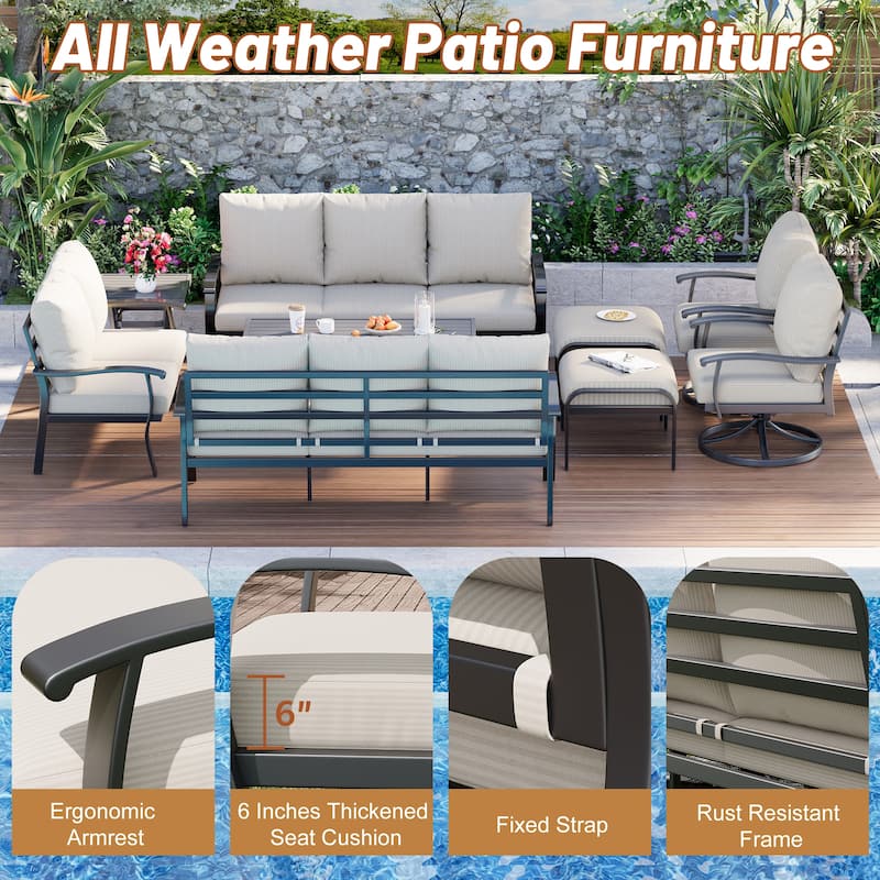 EROMMY Patio Set: 360° Swivel Rockers, Sofa, Ottomans & Table – Outdoor Conversation Set for Poolside, Garden & Deck