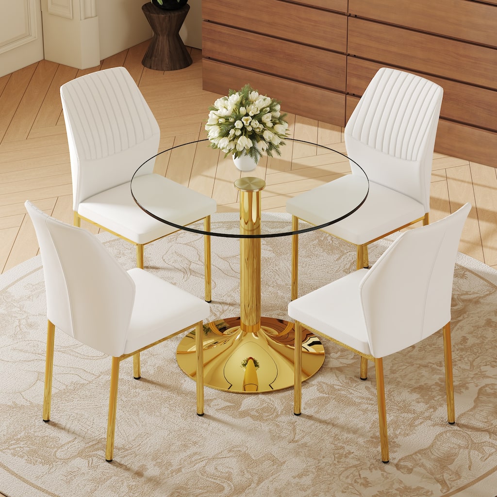 5-Piece Round Dining Table Set, 35 Inch Tempered Glass Table & 4 High-Resilience PU Chairs