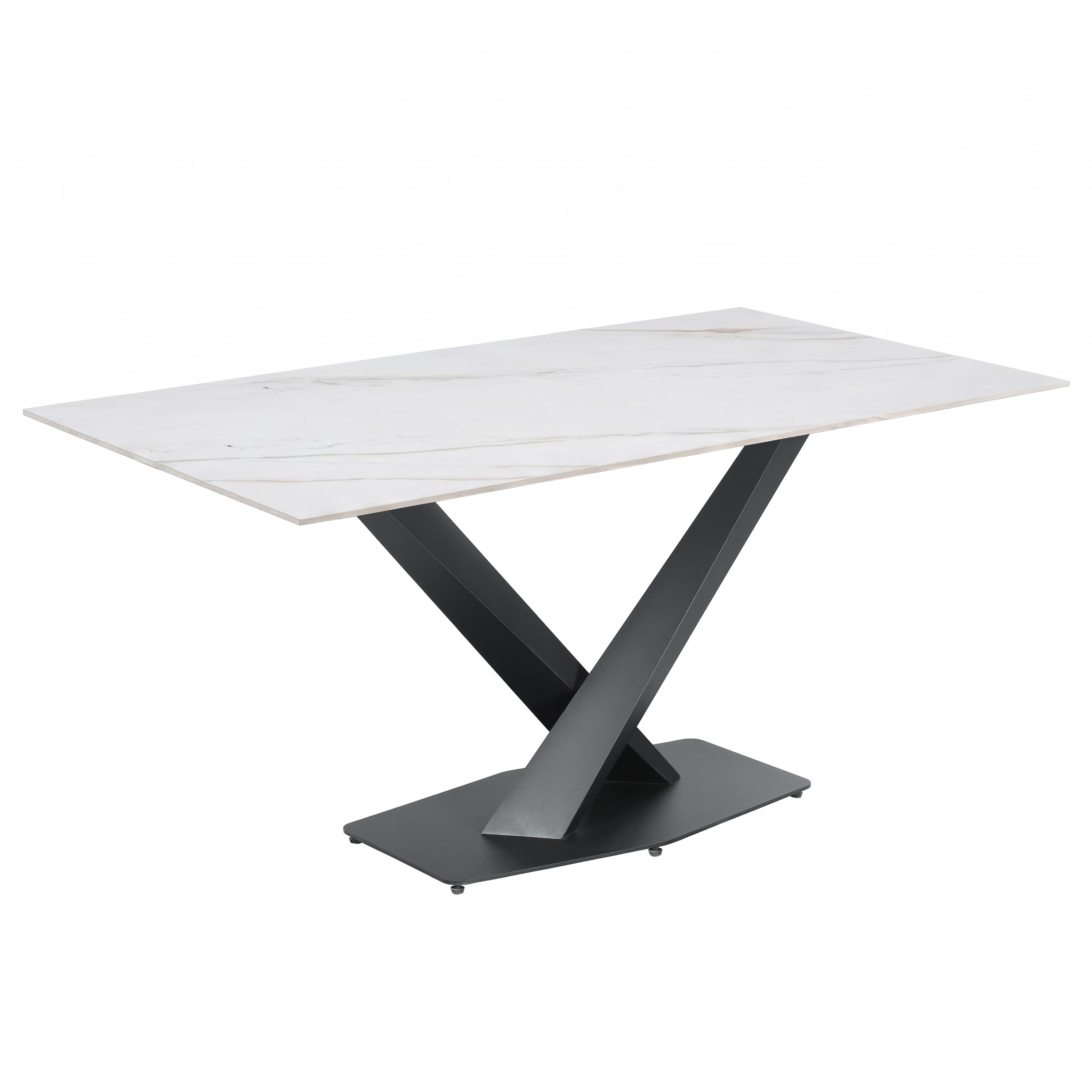 Voren Modern Dining Table - Sintered Stone or Tempered Glass Top, Heavy-Duty Black Stainless Steel Pedestal Frame