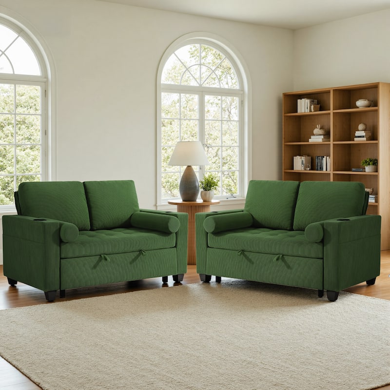 2 Set Corduroy Convertible Sleeper Sofa Bed Loveseats with Cup Holder, USB Ports