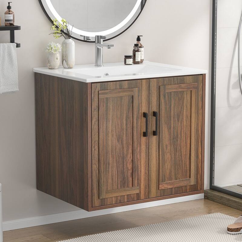 Anmytek 24'' Floating Bathroom Vanity Sink Combo Wall Mounted Cabinet with Soft Close Door - Walnut