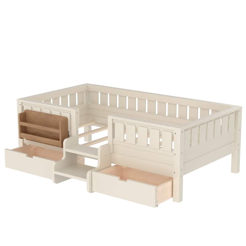 Multiple Colors Toddler Montessori Bed Children's Platform Bed with Low Profile Stairs, Built-in Bookshelf and Storage Drawers