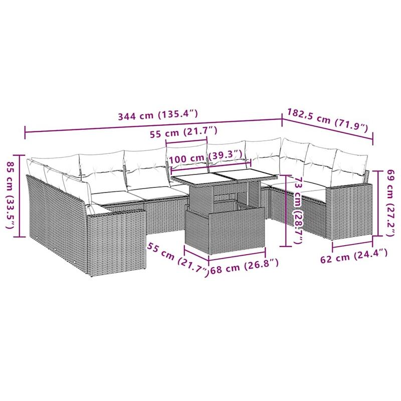 vidaXL 11 Piece Patio Sofa Set with Cushions Black/Brown/Gray Poly Rattan - 24.4 x 24.4 x 27.2