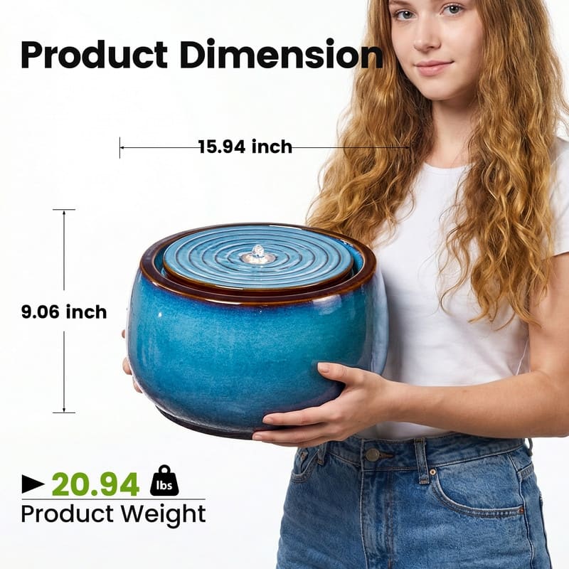 Round Blue Ceramic Water Floor Fountain with LED Light and Pump