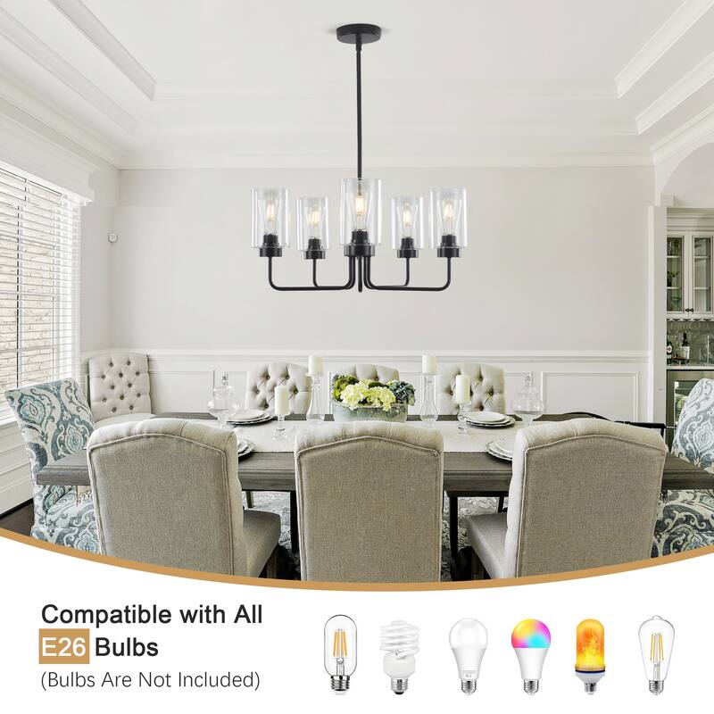 5-Light Hanging Linear Chandelier Lighting Fixture Foyer Pendant with Glass Shade for Kitchen Island