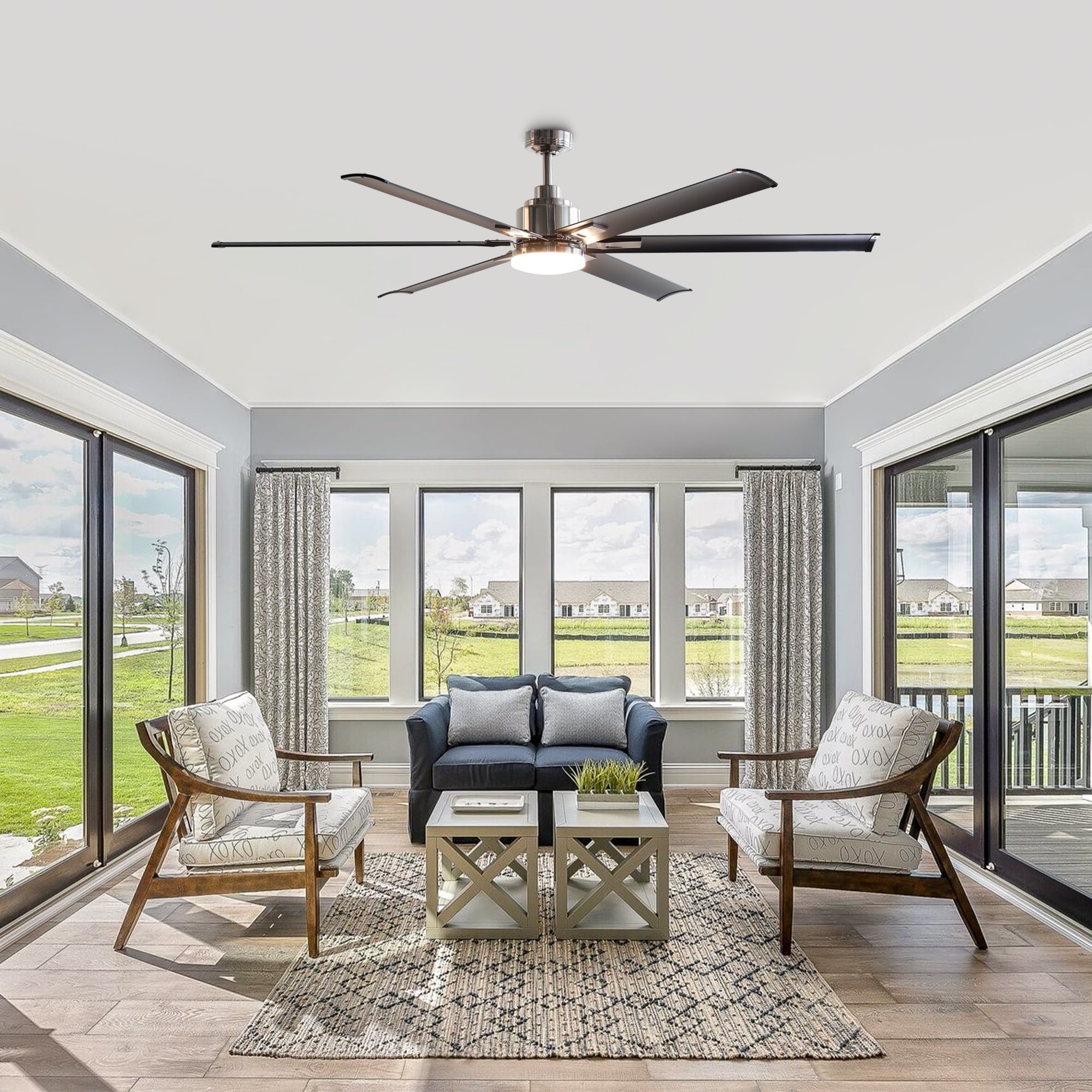 Industrial 72-inch Alumium 6-Blade Brushed Chrome LED Ceiling Fan