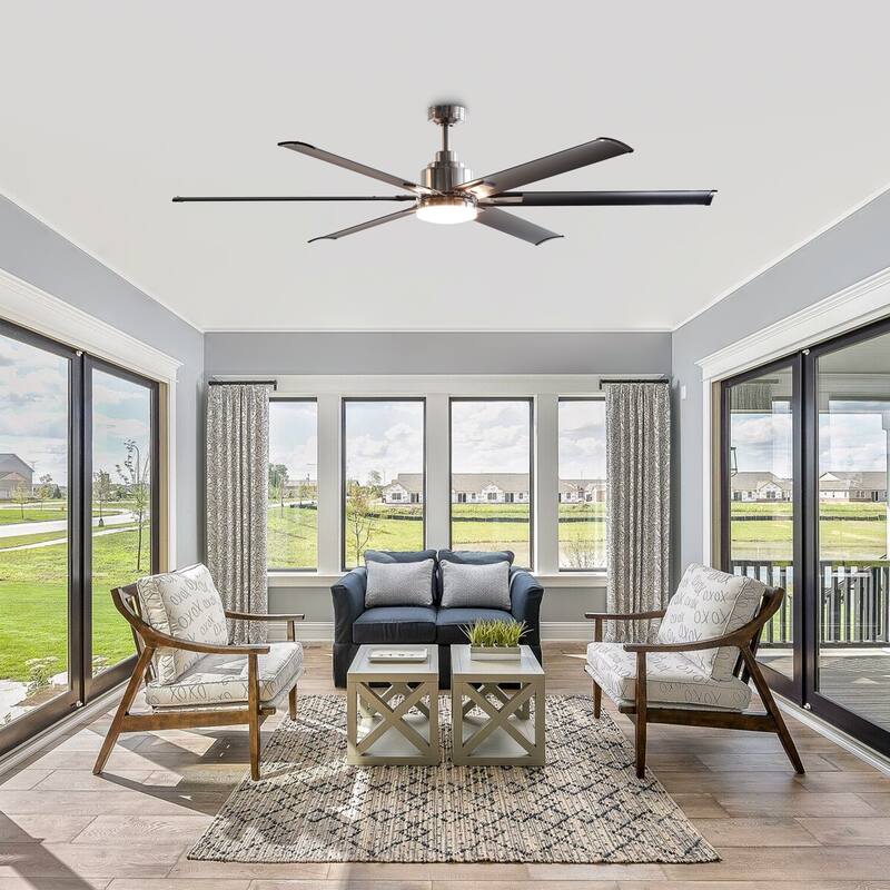 Industrial 72-inch Alumium 6-Blade Brushed Chrome LED Ceiling Fan with Remote and Light Kits - 72-in W x 17.8-in H