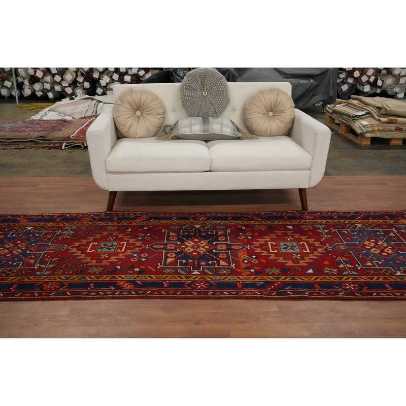 Hand Knotted Oriental 100% Wool Carpet Traditional Geometric Red Heriz Runner Rug - 9' 11'' X 3' 3''
