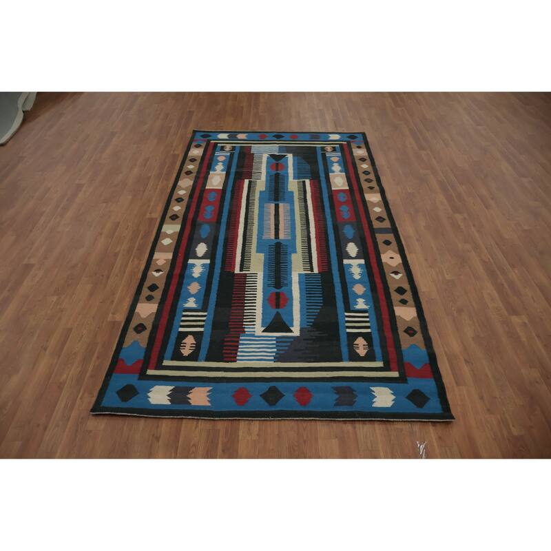 Hand Woven Oriental 100% Wool Carpet Southwestern Tribal Navy Blue & Blues Kilim Area Rug - 9' 11'' X 5' 4''