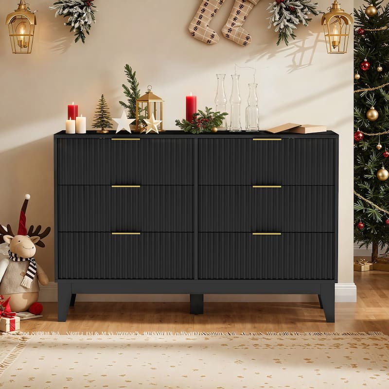EROMMY Fluted Dresser 6 Drawer Mid Century Modern Dresser Wide Chest of Drawers with Metal Handles for Bedroom Living Room