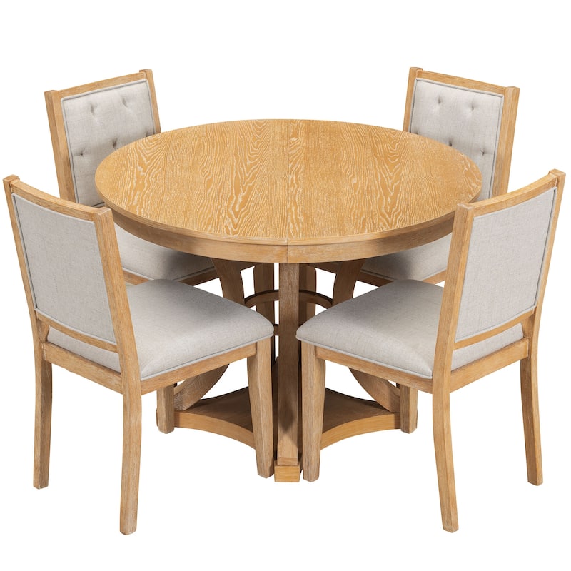 GDFStudio - Farmhouse 5-Piece Extendable Round Dining Table Set with 4 Upholstered Chairs