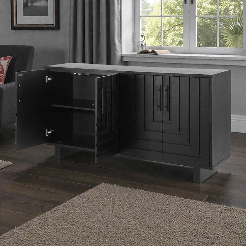 59'' Modern Black Sideboard Buffet Cabinet with 4 Doors, MDF & Ash Veneer Storage Console with Metal Handles