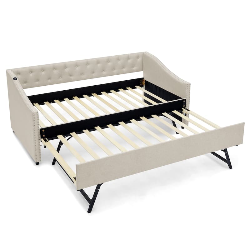 Twin Size Daybed with Pull Out Bed Trundle, Upholstered Button-Tufted Backrest Sofa Bed with Nailhead Trim & USB Charging Ports