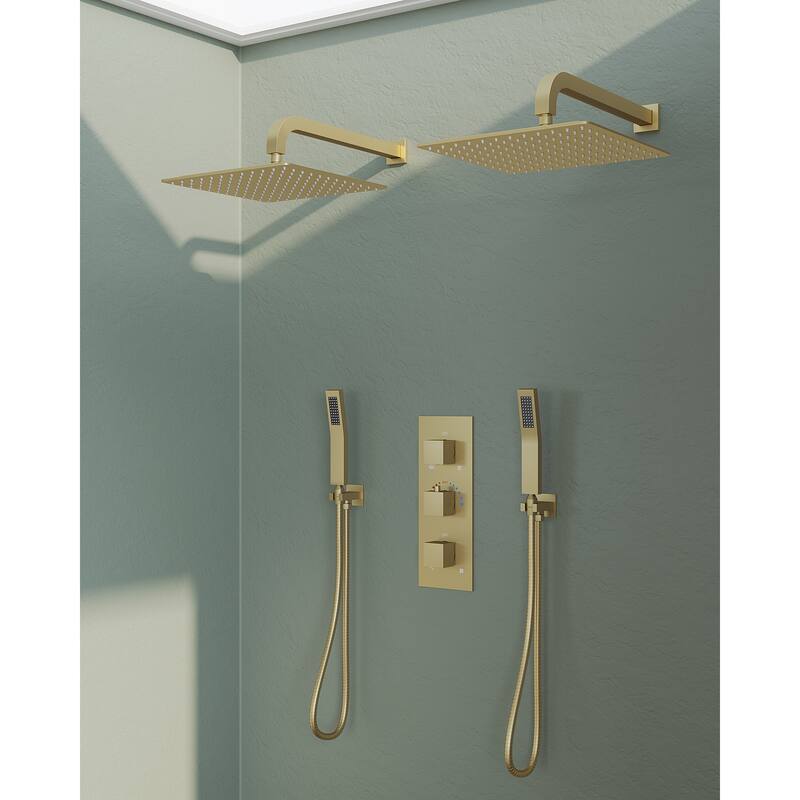 GRANDJOY 12 inch Wall Mounted Dual Shower Heads with Handheld Spray Combo Thermostatic High Pressure Shower System