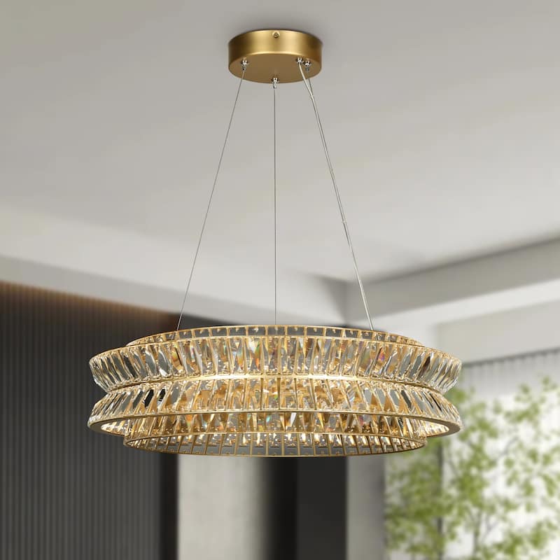 Modern Glam Dimmable 2-Tired LED Wheel Drum Crystal Chandelier Gold for Dining Room Bedroom - 23.5" D*10"-77" H