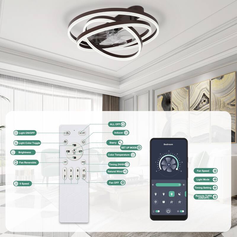 Cusp Barn 24 Inch Low Profile DIY Shape Ceiling Fan with Lights, Flush Mount Silent DC Motor Fandelier, Dimmable LED Lighting